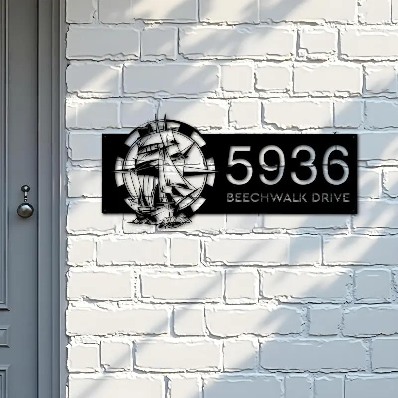 Custom Metal Ship with compass sailing Metal Address Sign, House number, Outdoor Number Signage, Yard Sign Address Plate