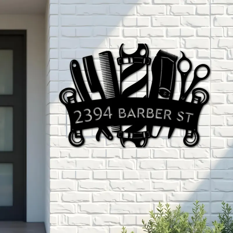 Custom Metal Barbershop Hair Stylist Barber Metal Address Sign, House number, Outdoor Number Signage, Yard Sign Address Plate