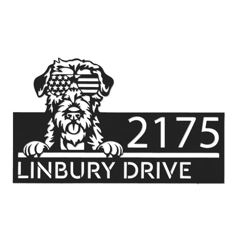 Custom Metal Irish Wolfhound dog US flag glasses Metal Address Sign House number Hanging Address Plaque Yard Sign Outdoor decor