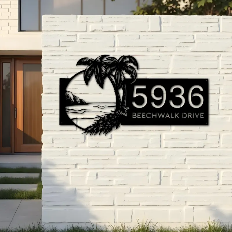Custom Metal Island Beach Scene Palm Tree Metal Address Sign, House number, Outdoor Number Signage, Yard Sign Address Plate