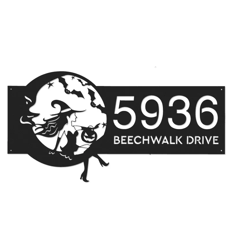 Custom Metal Cute Witch sitting on the moon Metal Address Sign, House number, Outdoor Number Signage, Yard Sign Address Plate
