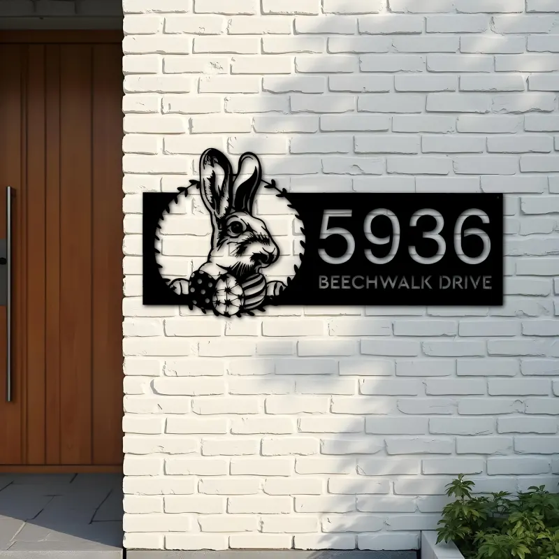 Custom Metal Rabbit bunny farmhouse Metal Address Sign House number Hanging Address Plaque Yard Sign Outdoor decor