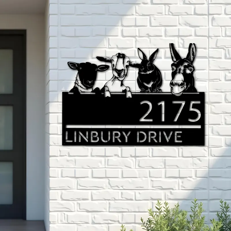 Custom Metal Goat Sheep Donkey rabbit farmhouse Metal Address Sign House number Hanging Address Plaque Yard Sign Outdoor decor