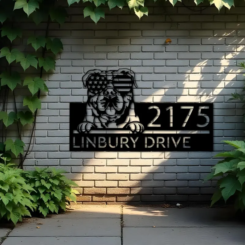 Custom Metal Continental Bulldog dog US glasses Metal Address Sign House number Hanging Address Plaque Yard Sign Outdoor decor
