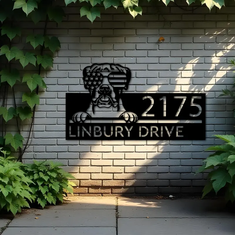 Custom Metal Boxer dog US flag glasses Metal Address Sign House number Hanging Address Plaque Yard Sign Outdoor decor