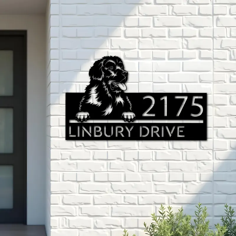 Custom Metal Newfoundland dog Puppy Metal Address Sign House number Hanging Address Plaque Yard Sign Outdoor decor