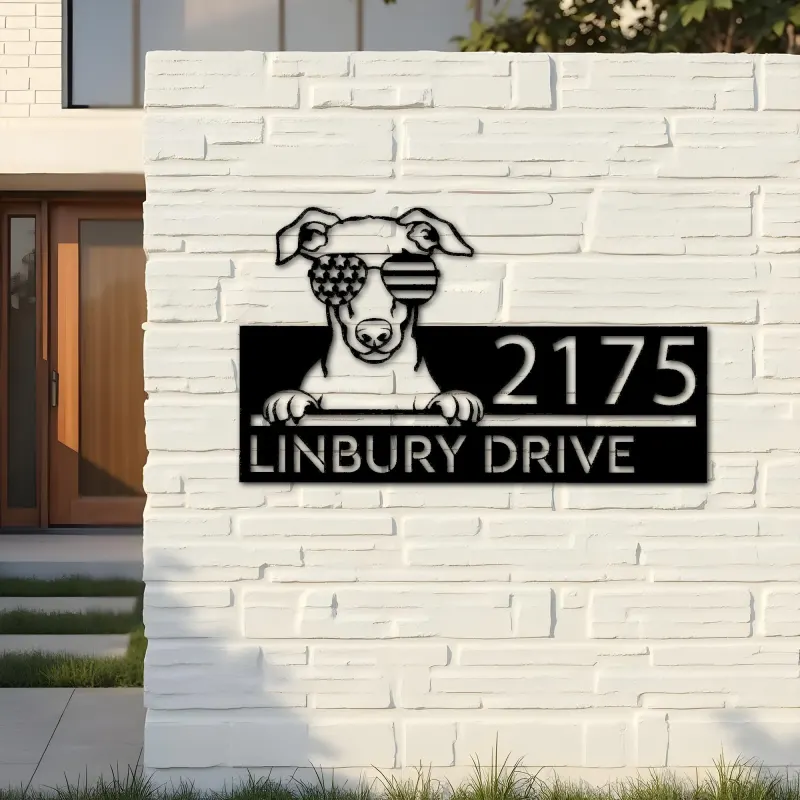 Custom Metal Whippet dog US flag glasses Metal Address Sign House number Hanging Address Plaque Yard Sign Outdoor decor