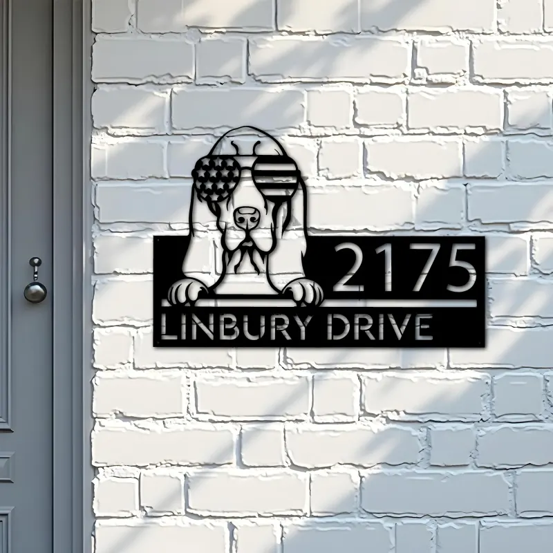 Custom Metal Basset hound dog US flag glasses Metal Address Sign House number Hanging Address Plaque Yard Sign Outdoor decor