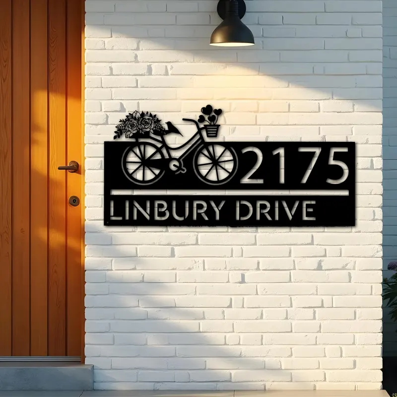 Custom Metal Bicycle with flower and hearts Metal Address Sign, House number, Outdoor Number Signage, Yard Sign Address Plate