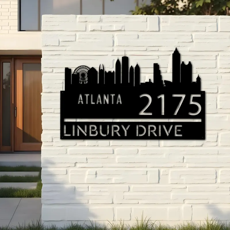 Custom Metal Atlanta city skyline Metal Address Sign Hanging Address Plaque house number Yard Outdoor Sign