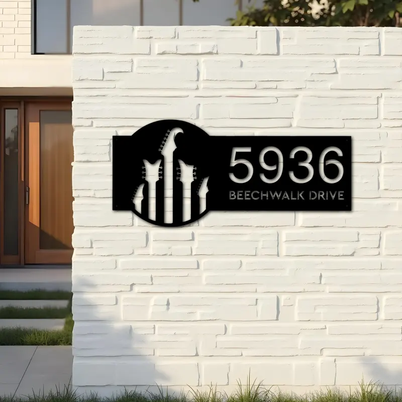 Custom Metal Guitar Metal Address Sign Custom House number Hanging Address Plaque Yard Sign Outdoor Sign