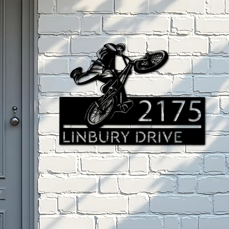Custom Metal BMX Bicycle freestyle Metal Address Sign, House number, Outdoor Number Signage, Yard Sign Address Plate