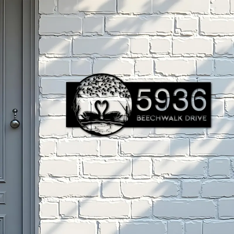 Custom Metal Tree and Swan Couple on Lake Metal Address Sign, House number, Outdoor Number Signage, Yard Sign Address Plate