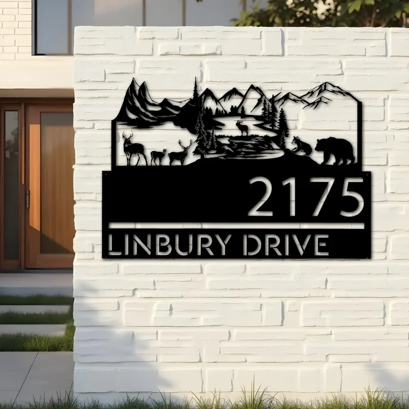 Custom Metal Forest elk deer bear scene Metal Address Sign, House number, Outdoor Number Signage, Yard Sign Address Plate