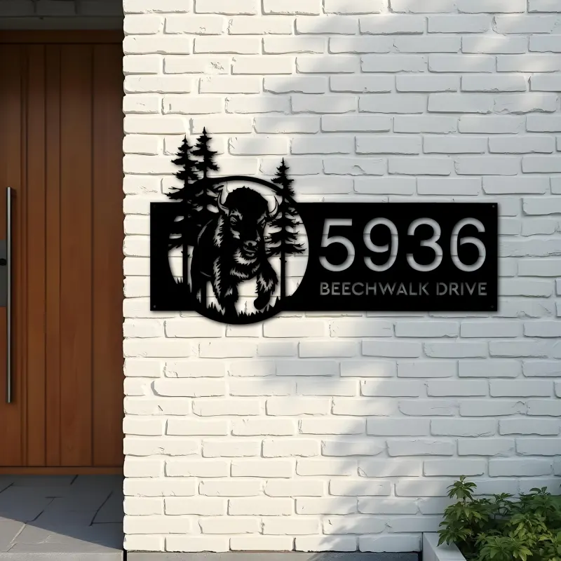 Custom Metal Bison forest wild life Metal Address Sign, House number, Outdoor Number Signage, Yard Sign Address Plate