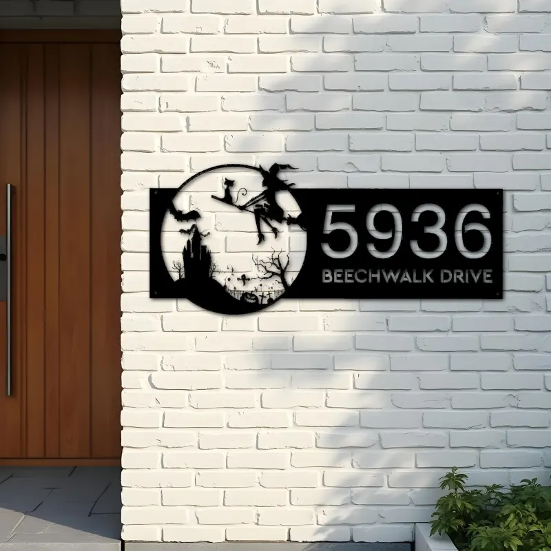 Custom Metal Witch and black cat flying Halloween Metal Address Sign, House number, Outdoor Number Signage, Yard Sign Address Plate