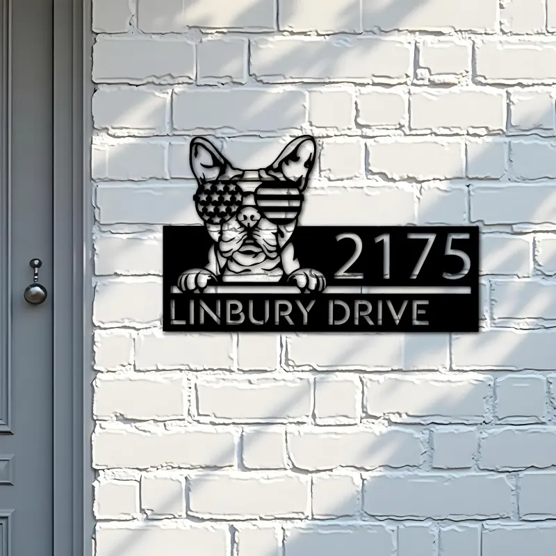 Custom Metal Boston terrier dog US flag glasses Metal Address Sign House number Hanging Address Plaque Yard Sign Outdoor decor