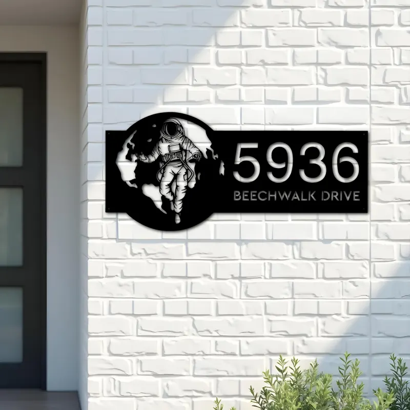 Custom Metal Astronaut on globe spaceman adventure Address Sign House number Hanging Address Plaque Yard Sign Outdoor Sign