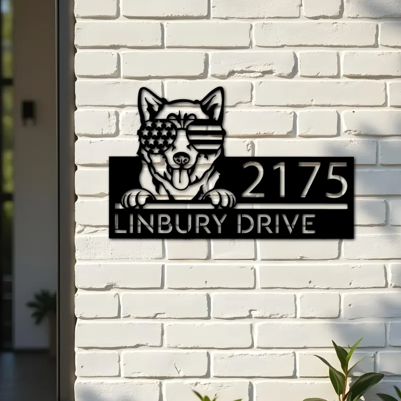 Custom Metal Husky dog US flag glasses Metal Address Sign House number Hanging Address Plaque Yard Sign Outdoor decor