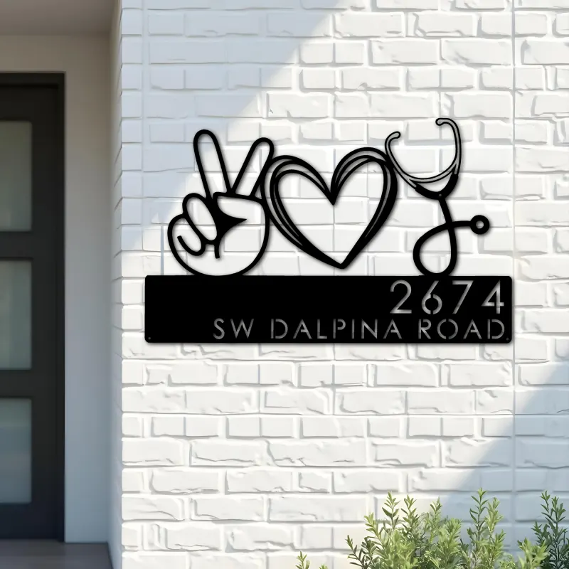 Custom Metal Peace love nursing Nurse Metal Address Sign, House number, Outdoor Number Signage, Yard Sign Address Plate