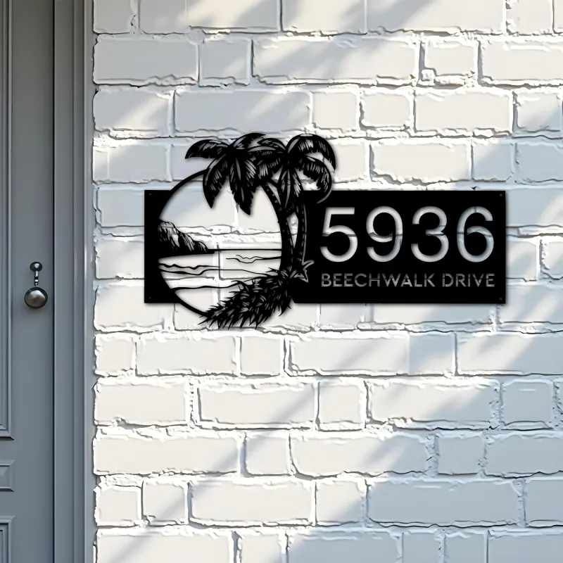 Custom Metal Island Beach Scene Palm Tree Metal Address Sign, House number, Outdoor Number Signage, Yard Sign Address Plate