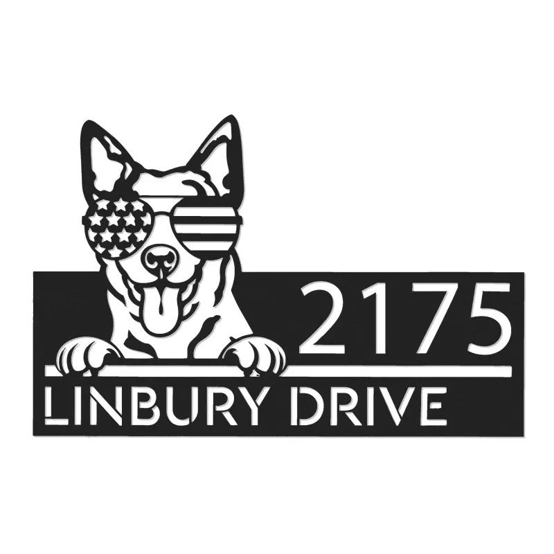 Custom Metal Australian Cattle dog US glasses Metal Address Sign House number Hanging Address Plaque Yard Sign Outdoor decor