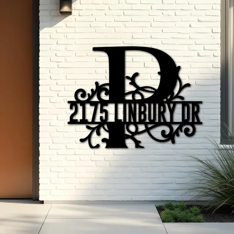 Custom Metal Floral Monogram Split Letter P Metal Address Sign House number Hanging Address Plaque Yard Sign Outdoor decor