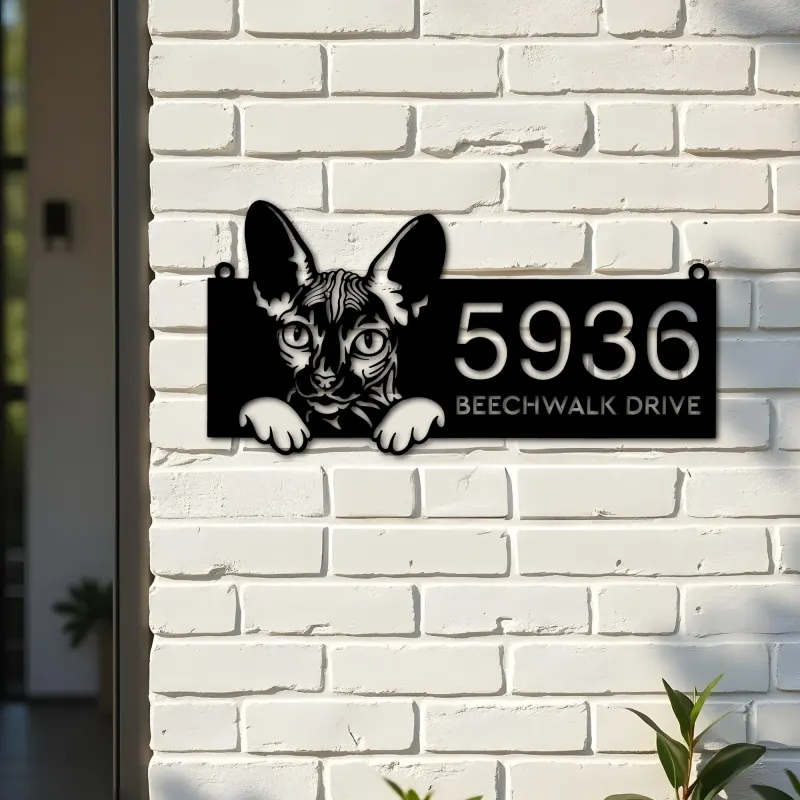 Custom Metal Sphynx Cute peeking cat kitten Metal Address Sign, House number, Outdoor Number Signage, Yard Sign Address Plate