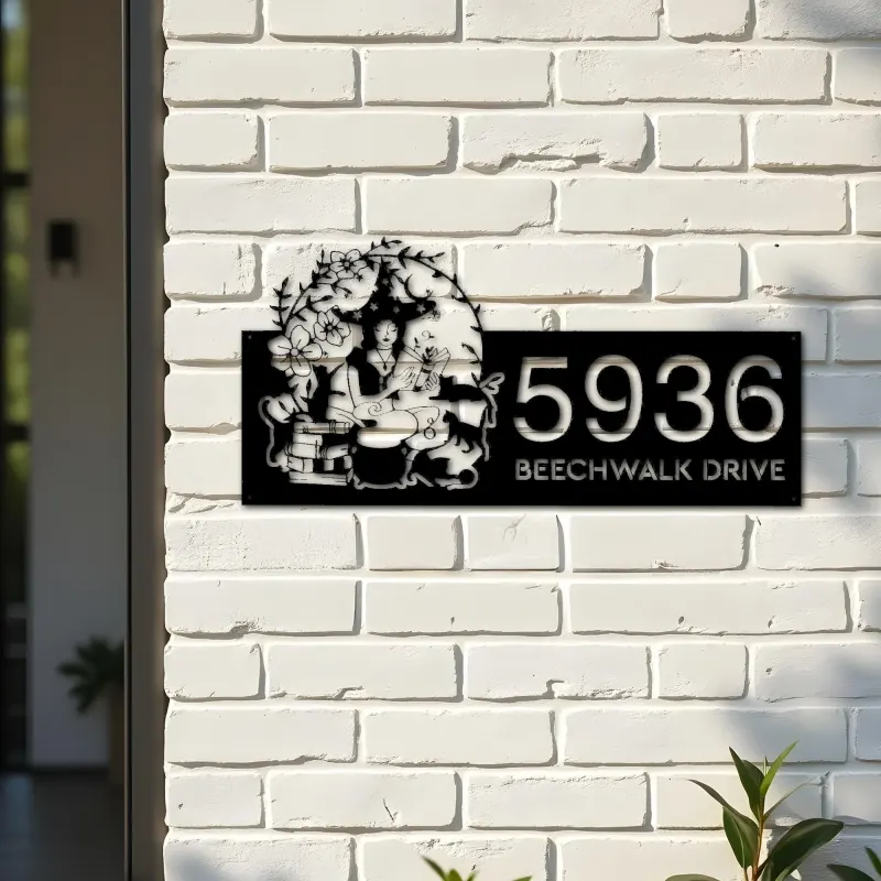 Custom Metal Witch and black cat halloween Metal Address Sign, House number, Outdoor Number Signage, Yard Sign Address Plate