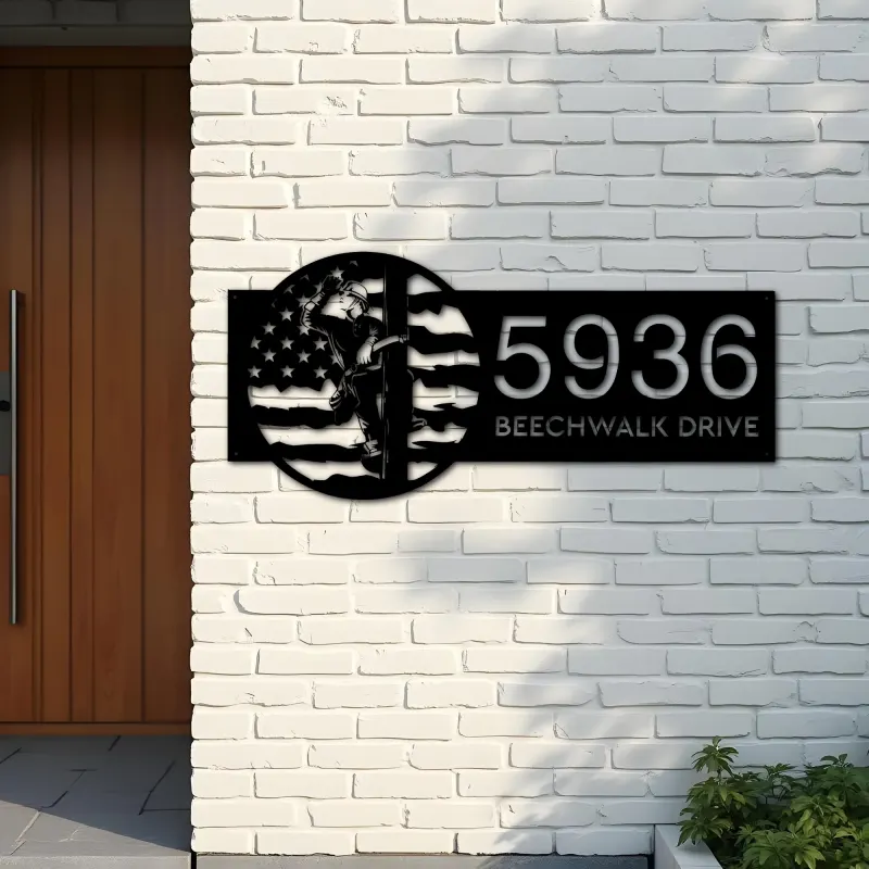 Custom Metal Lineman on a pole US flag Metal Address Sign, House number, Outdoor Number Signage, Yard Sign Address Plate
