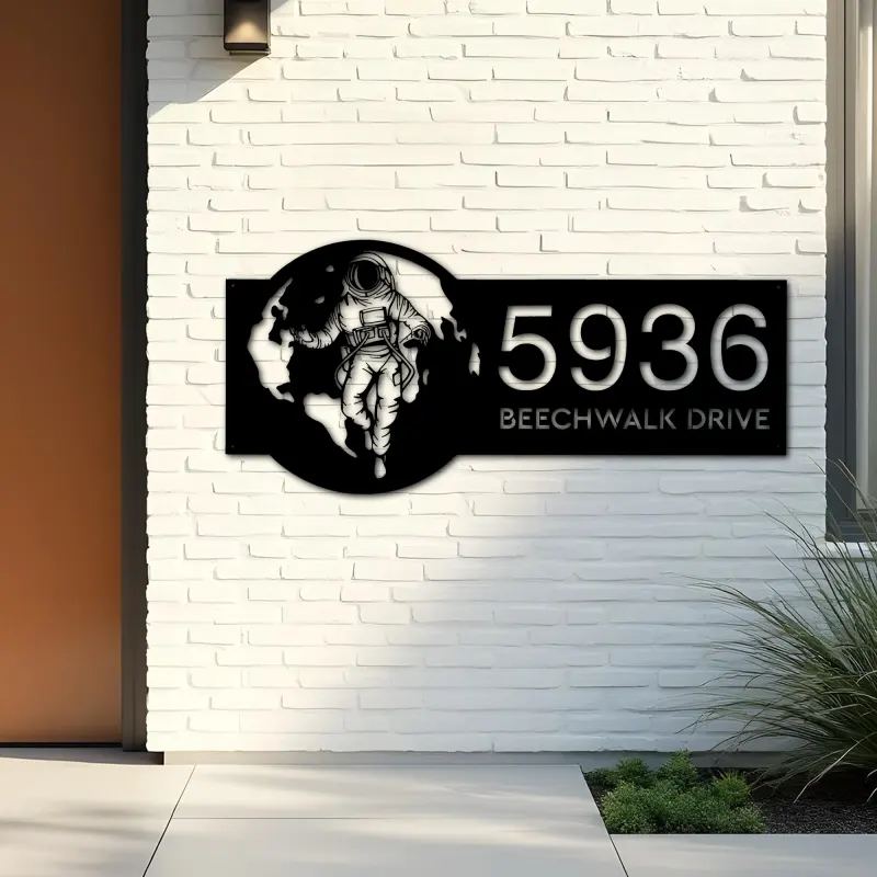 Custom Metal Astronaut on globe spaceman adventure Address Sign House number Hanging Address Plaque Yard Sign Outdoor Sign