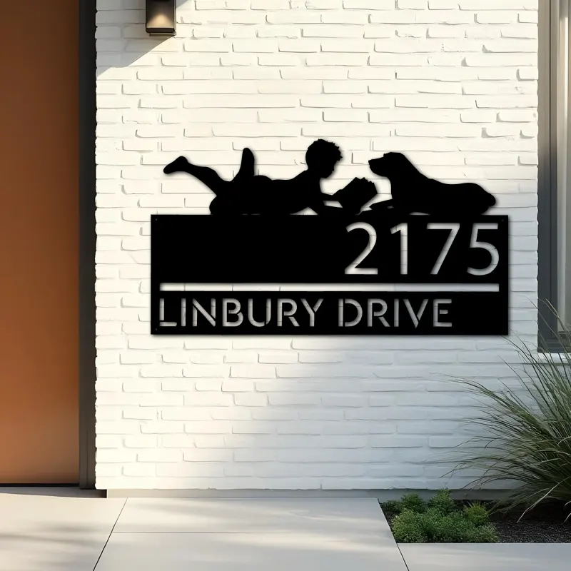 Custom Metal Boy reading book with dog Metal Address Sign, House number, Outdoor Number Signage, Yard Sign Address Plate