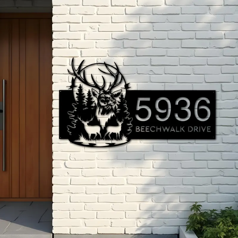 Custom Metal Deer buck forest scene Metal Address Sign, House number, Outdoor Number Signage, Yard Sign Address Plate