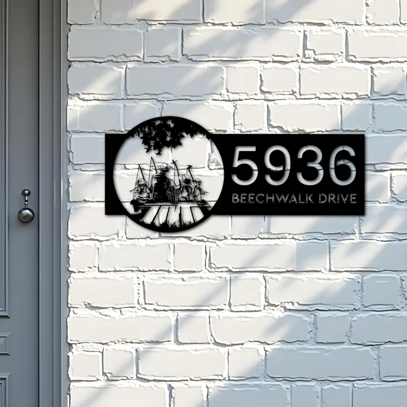 Custom Metal Dad and children go fishing Metal Address Sign Custom House number Hanging Address Plaque Yard Sign Outdoor