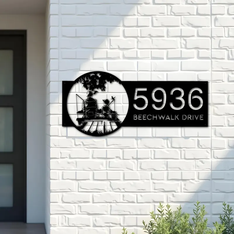 Custom Metal Dad and Son go fishing Metal Address Sign Custom House number Hanging Address Plaque Yard Sign Outdoor