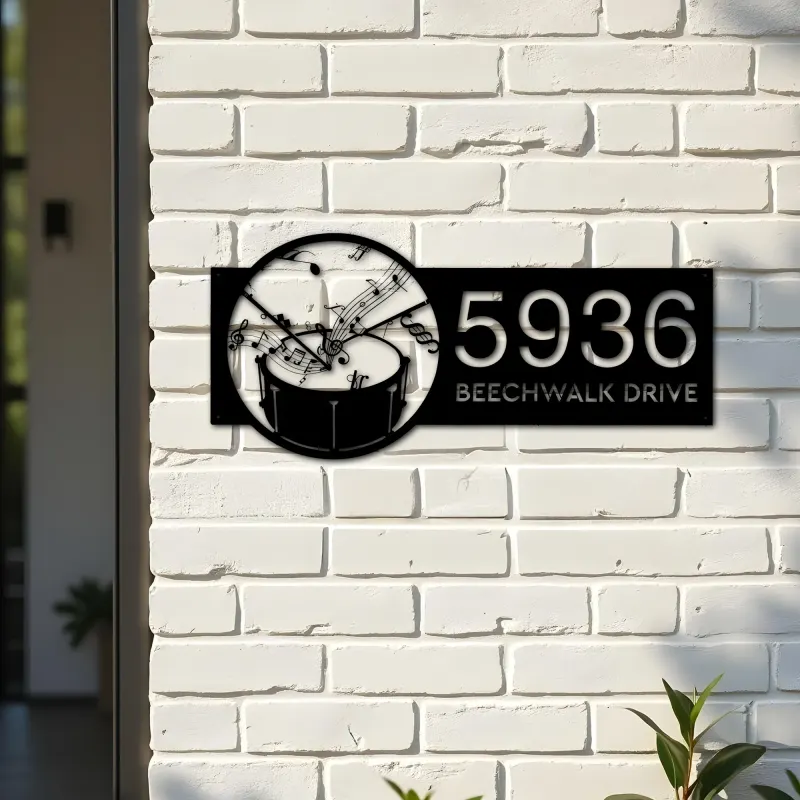 Custom Metal Drum music notes Metal Address Sign Custom House number Hanging Address Plaque Yard Sign Outdoor Sign