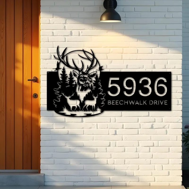 Custom Metal Deer buck forest scene Metal Address Sign, House number, Outdoor Number Signage, Yard Sign Address Plate