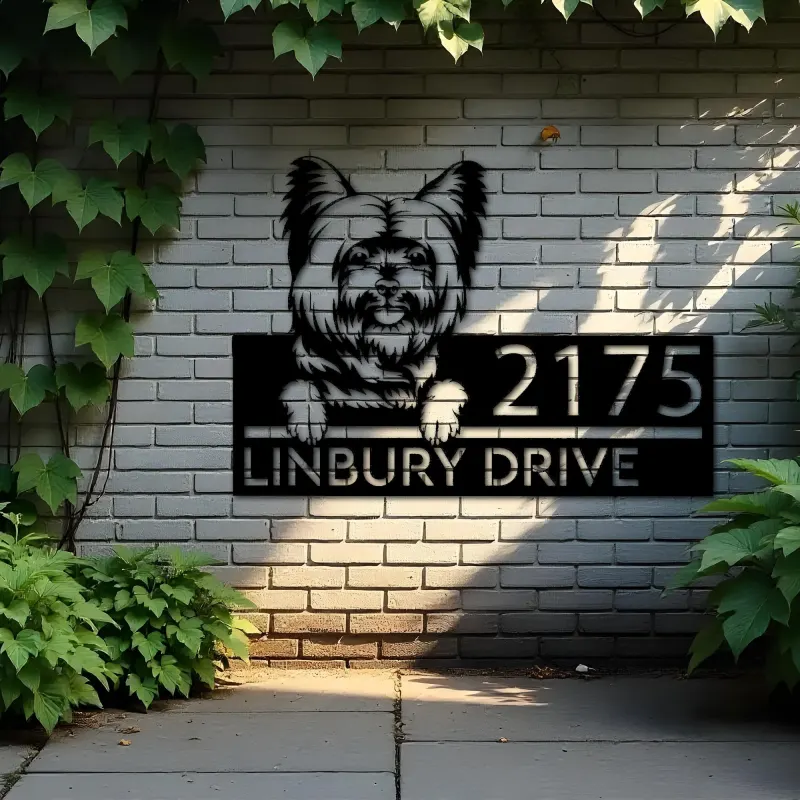 Custom Metal Yorkshire Terrier dog Puppy Metal Address Sign House number Hanging Address Plaque Yard Sign Outdoor decor