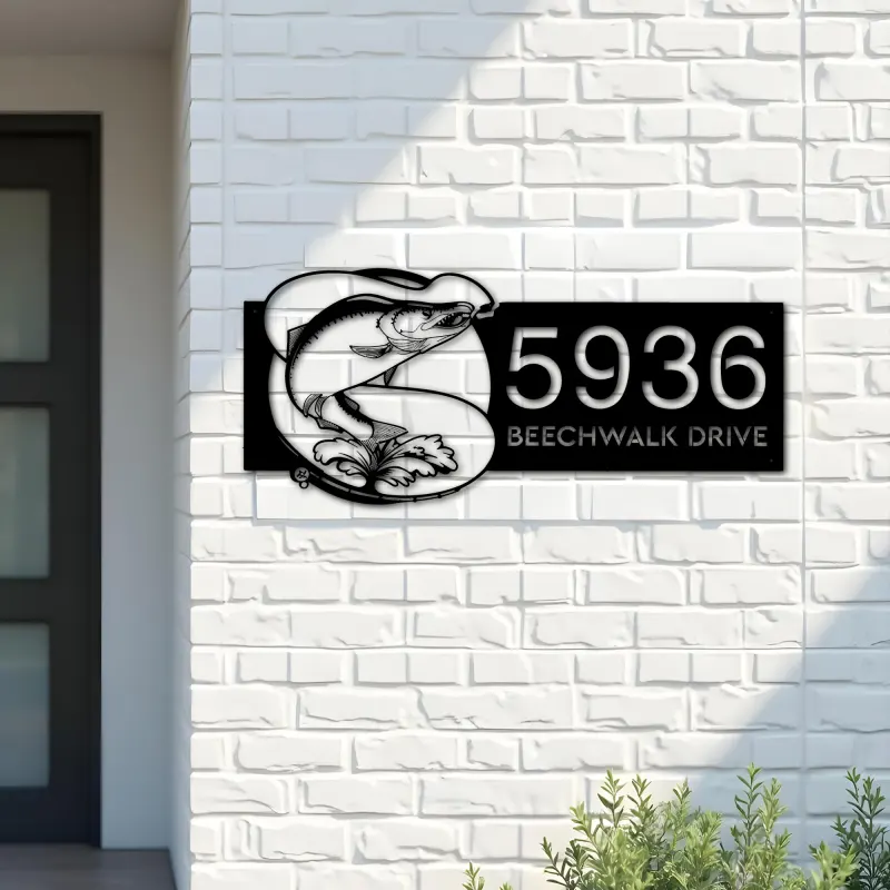 Custom Metal Salmon fishing rod bait hook Metal Address Sign, House number, Outdoor Number Signage, Yard Sign Address Plate