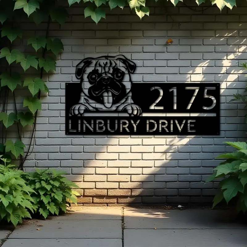 Custom Metal Pug Dog Cute puppy Metal Address Sign House number Hanging Address Plaque Yard Sign Outdoor decor