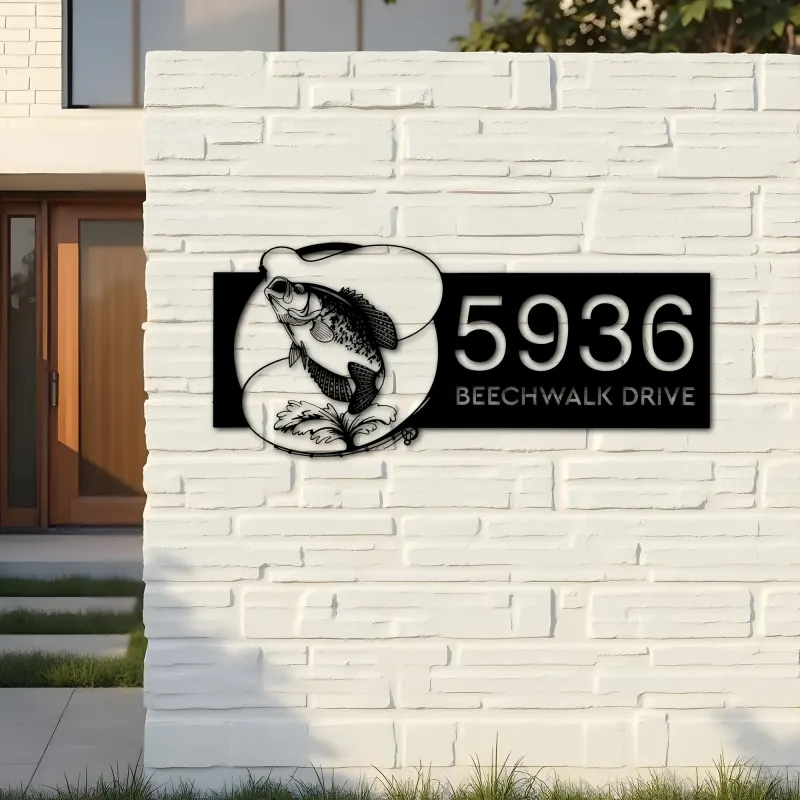 Custom Metal Crappie fishing rod bait hook Metal Address Sign, House number, Outdoor Number Signage, Yard Sign Address Plate