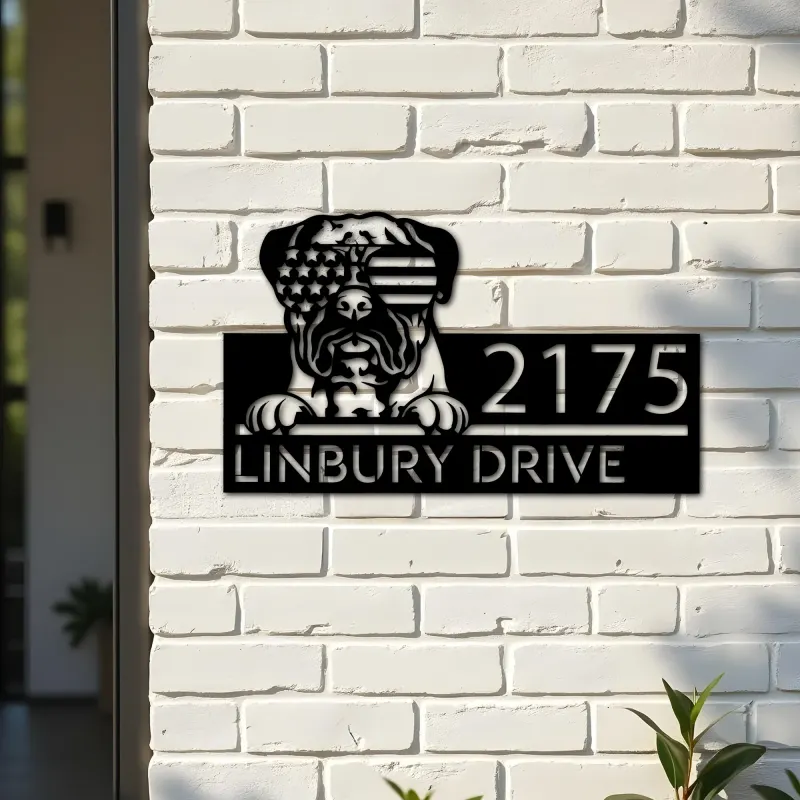 Custom Metal Bullmastiff dog US flag glasses Metal Address Sign House number Hanging Address Plaque Yard Sign Outdoor decor