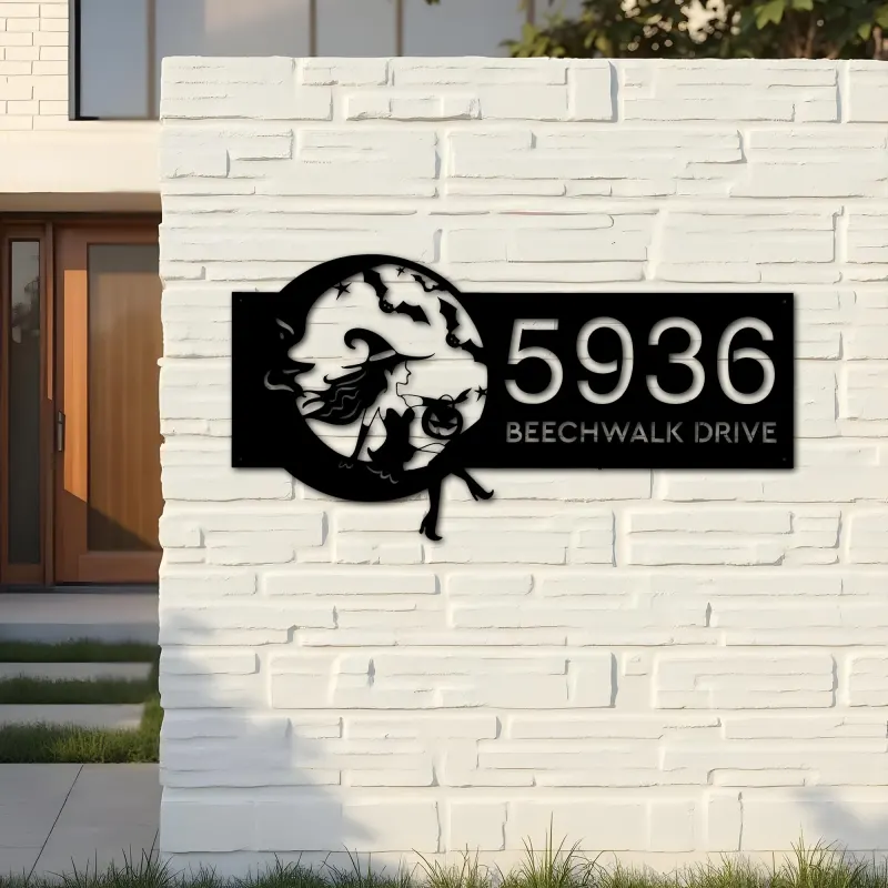 Custom Metal Cute Witch sitting on the moon Metal Address Sign, House number, Outdoor Number Signage, Yard Sign Address Plate