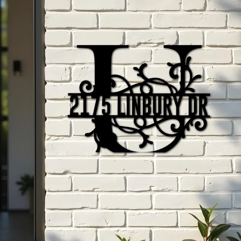 Custom Metal Floral Monogram Split Letter U Metal Address Sign House number Hanging Address Plaque Yard Sign Outdoor decor