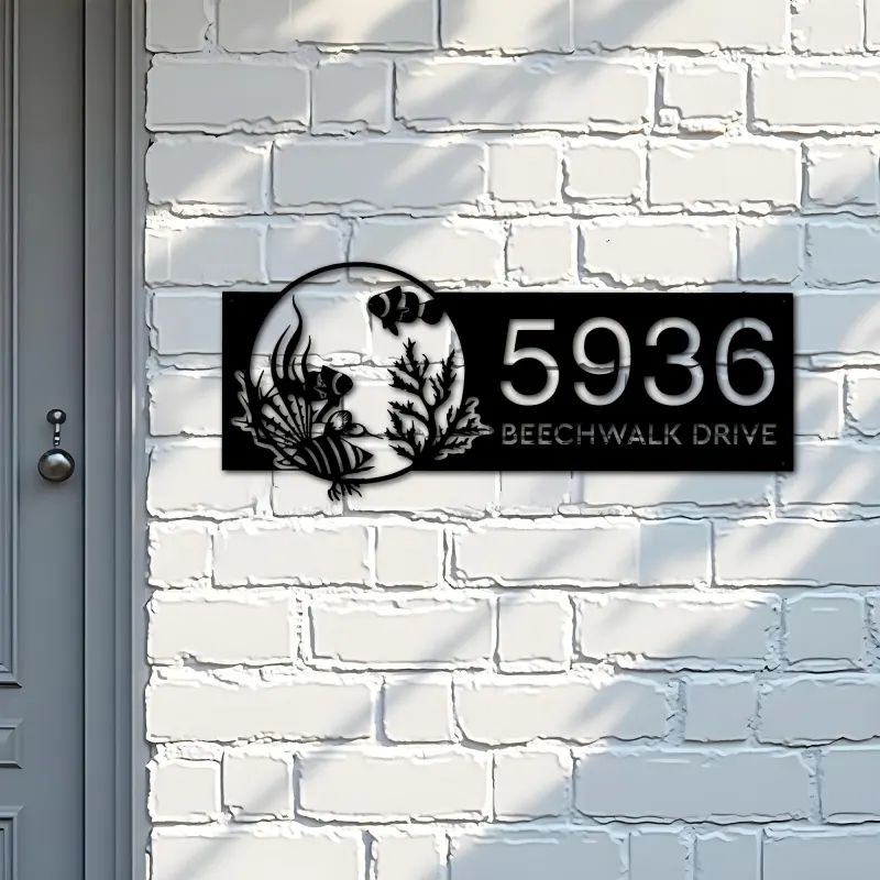Custom Metal Fish sea life Metal Address Sign, House number, Outdoor Number Signage, Yard Sign Address Plate001