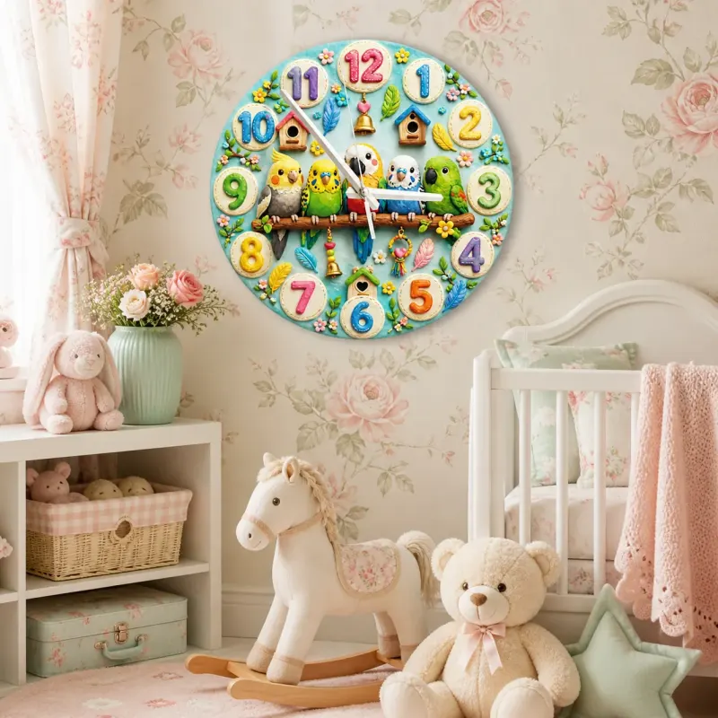 Whimsical Colorful Birds Kids Room Wall Clock
