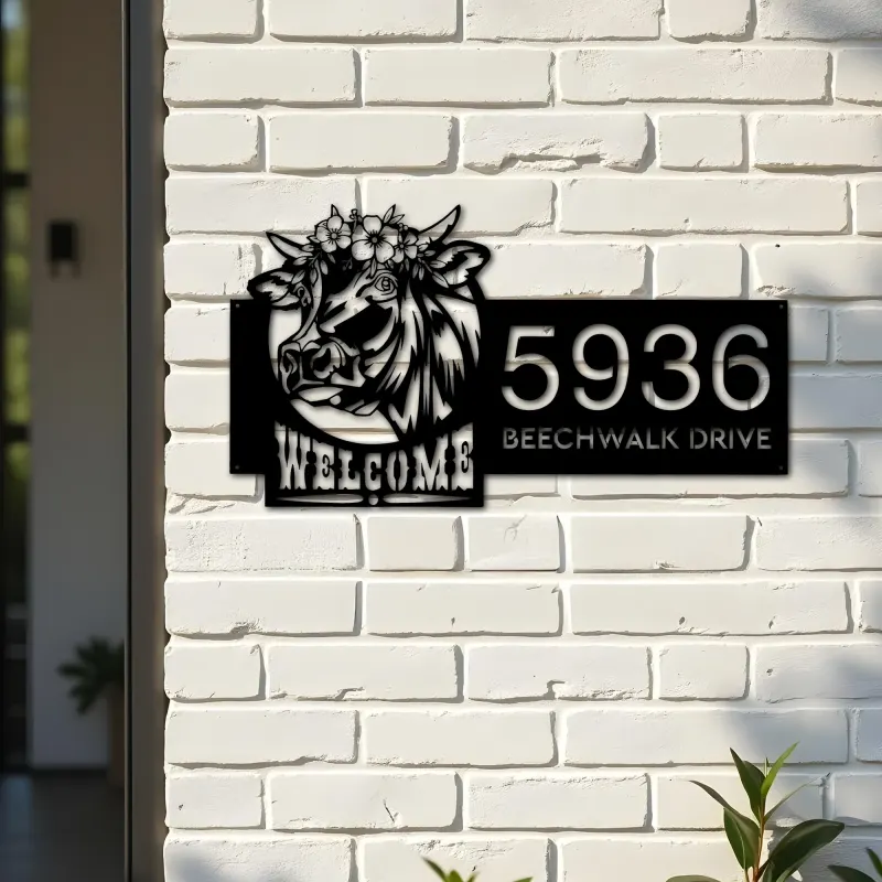 Custom Metal Cow Farm house Ranch welcome Metal Address Sign, House number, Outdoor Number Signage, Yard Sign Address Plate
