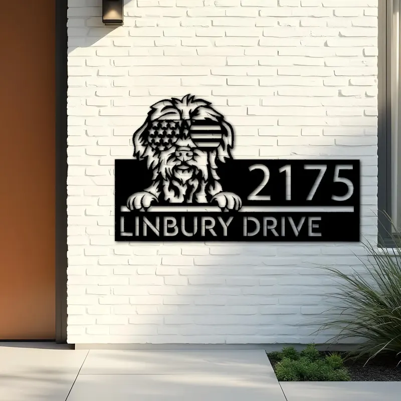 Custom Metal Wirehaired dog US flag glasses Metal Address Sign House number Hanging Address Plaque Yard Sign Outdoor decor