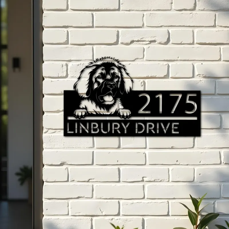 Custom Metal Leonberger dog Puppy Metal Address Sign House number Hanging Address Plaque Yard Sign Outdoor decor