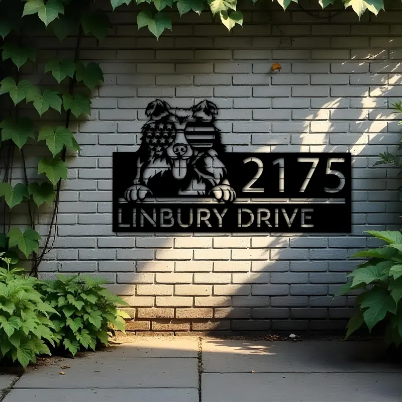 Custom Metal Collie dog US flag glasses Metal Address Sign House number Hanging Address Plaque Yard Sign Outdoor decor